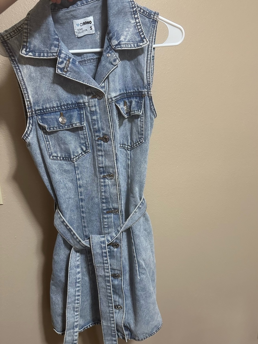 Sleeveless Light Blue Denim Dress - Button Front with Belt, Size M